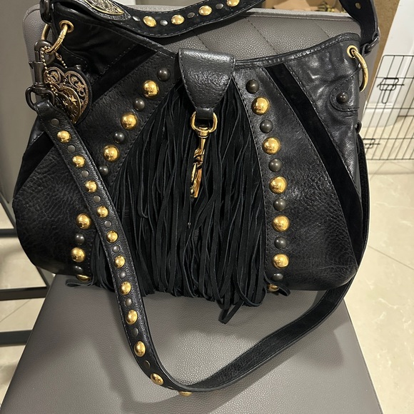 Vintage Gucci Black Leather Studded Fringe Shoulder Bag with Crest Medallions - Picture 2 of 9